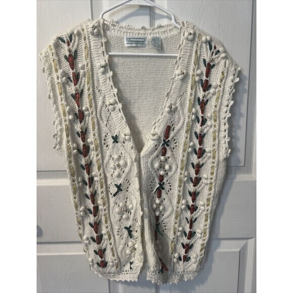 VTG Shenanigans Sweater Vest White Plaid Holiday Christmas Sz Medium